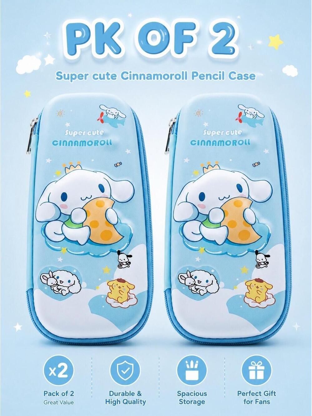 Pack of 2 Cute Blue Cartoon Pencil Case Hard Shell Zipper Storage Box